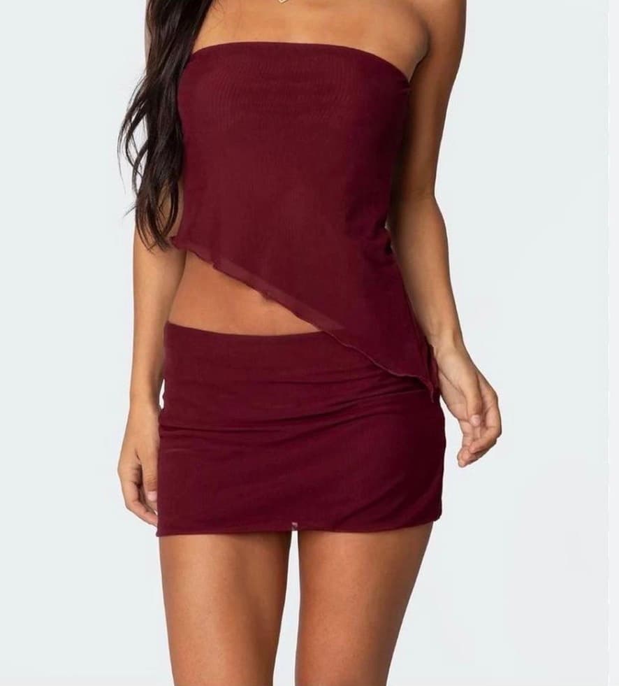 Burgundy asymmetric two-piece mini dress